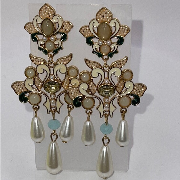 Gold and Cream Chandelier Fairy core giant floral pierced Earrings - Picture 1 of 10
